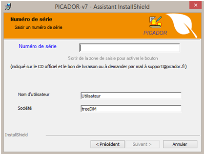 installation de Picador, demande de numéro de série