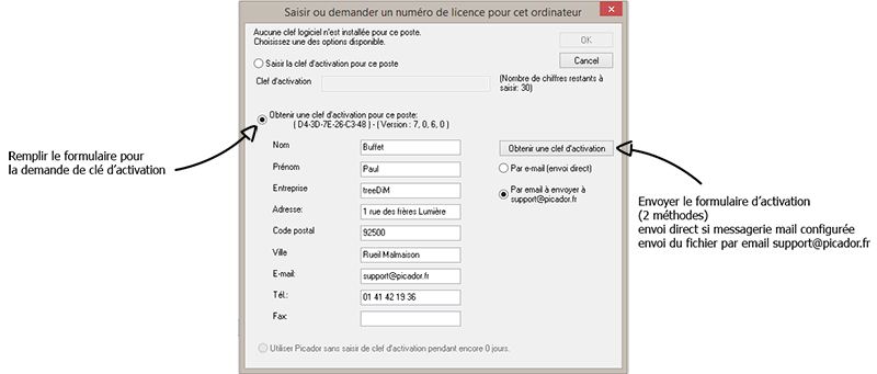 installation de Picador, demande de clé d'activation