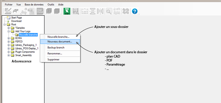 Menu contextuel de l'arborescence PackLib : Nouvelle branche, Nouveau document, Backup branch, Renommer, Supprimer.
