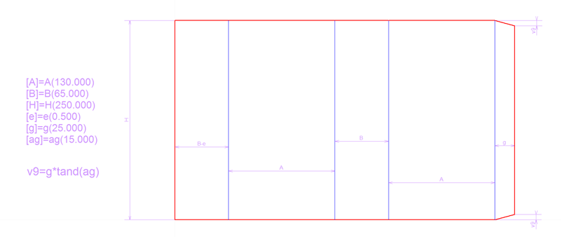Plan à plat coté, avec la liste des paramètres A, B, H, e, g, ag et la formule v9 = g x tan(ag).